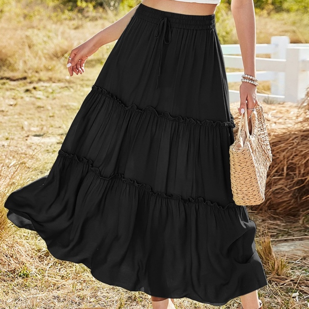 New Black Tiered Maxi Skirt - Picture 2 of 6